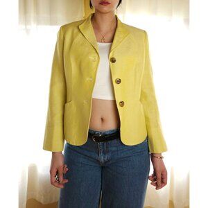 Vintage linen silk tailored short blazer jacket women M light lemon yellow